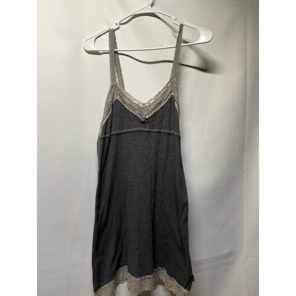 VTG XOXO Charcoal Grey Lace Trim Ribbed Cami Tank Top 100% Cotton XL Y2K